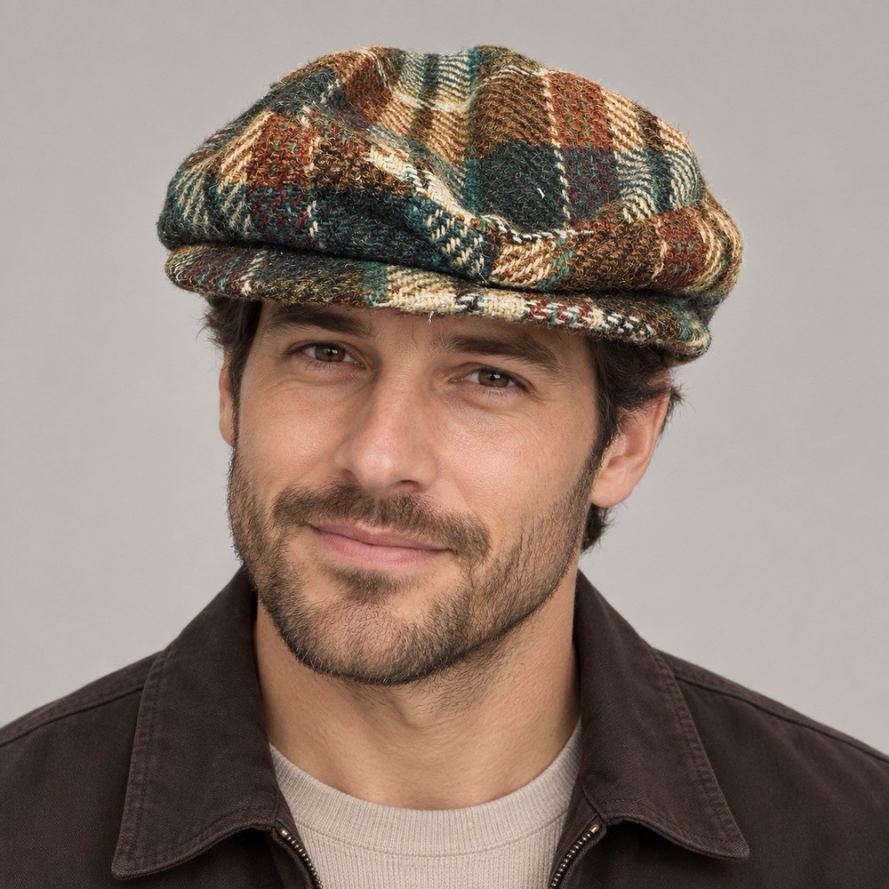 VTG United Hatters Cap Millinery Patchwork Cabbie Wool Tweed Panel Newsboy Snap